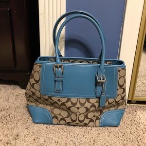 Coach Signature Tan and Teal Shoulder Bag